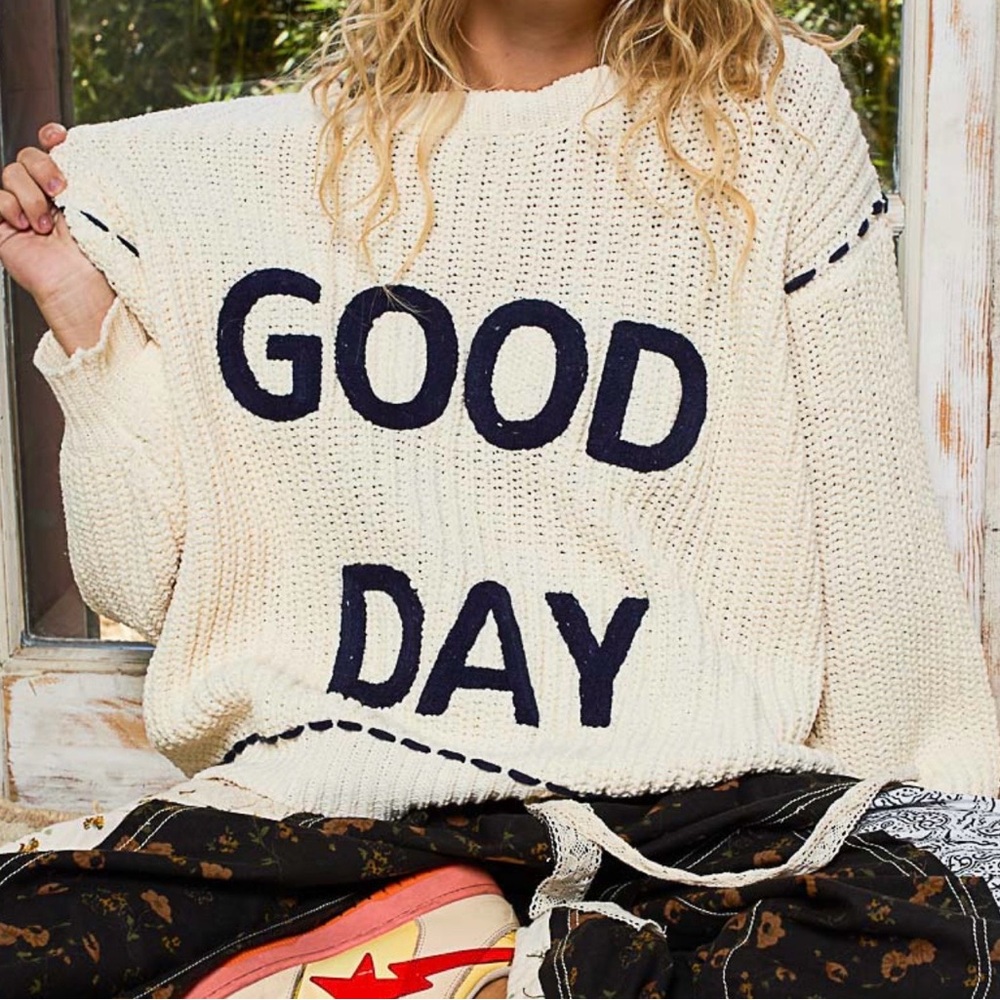 NEW POL Cream Sweater with Drk Navy Lettering. **NEW**